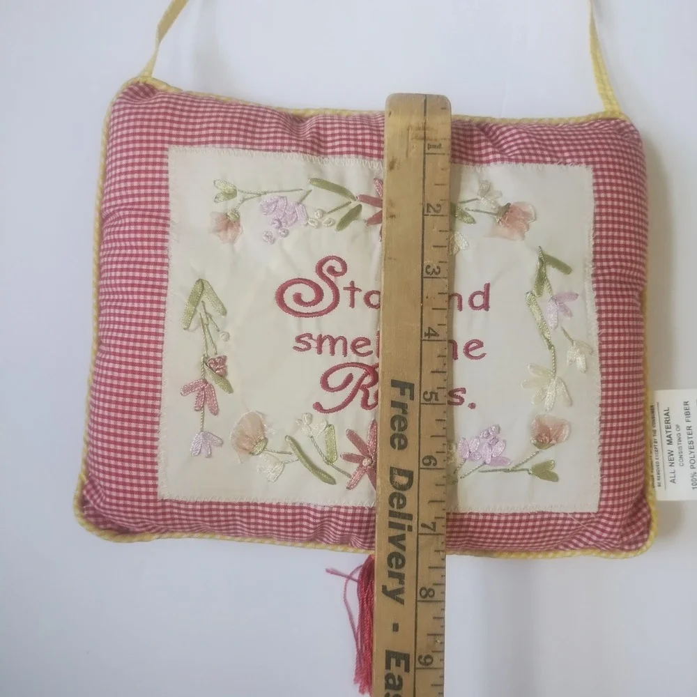 J.D. Yeatts & Son Hanging Pillow Small Red Gingham Embroidered Roses Cottagecore